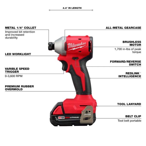 3650-21P M18 18-Volt Lithium-Ion Compact Brushless Cordless 1/4 in. Impact Driver Kit with One 2.0 Ah Battery, Charger   Tool Bag - Image 4