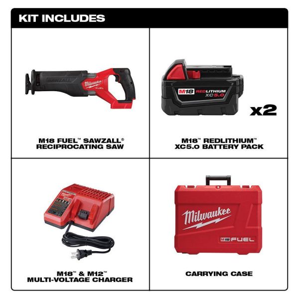 2821-22 M18 FUEL 18V Lithium-Ion Brushless Cordless SAWZALL Reciprocating Saw Kit w/Two 5.0 Ah Batteries Charger   Hard Case - Image 2