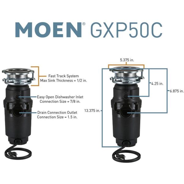 MOEN GXP50C Prep Series 1/2 HP Continuous Feed Garbage Disposal with Power Cord and Universal Mount - Image 13