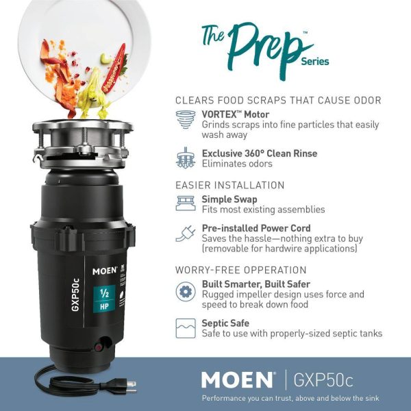 MOEN GXP50C Prep Series 1/2 HP Continuous Feed Garbage Disposal with Power Cord and Universal Mount - Image 7
