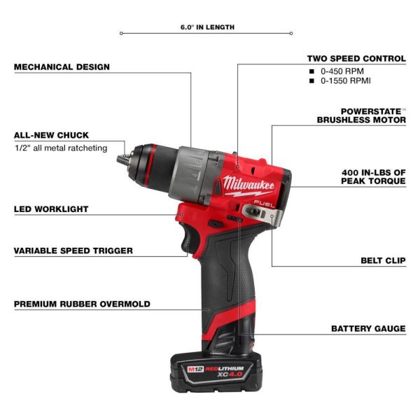 3497-22 M12 FUEL 12-Volt Lithium-Ion Brushless Cordless Hammer Drill and Impact Driver Combo Kit w/2 Batteries and Bag (2-Tool) - Image 4