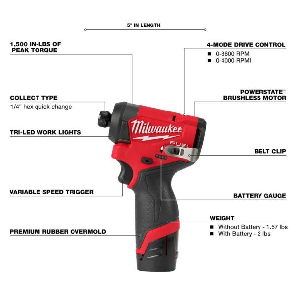 3497-22 M12 FUEL 12-Volt Lithium-Ion Brushless Cordless Hammer Drill and Impact Driver Combo Kit w/2 Batteries and Bag (2-Tool) - Image 5