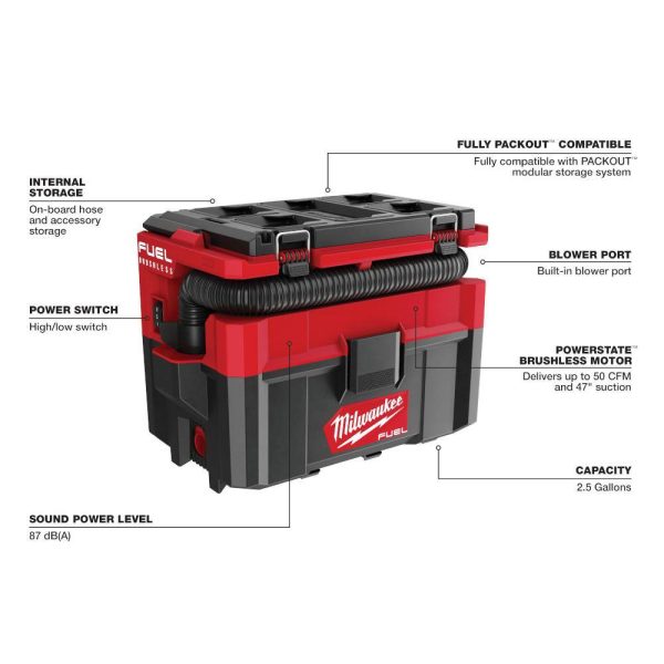 0970-20-48-11-1862 M18 FUEL PACKOUT 18-Volt Lithium-Ion Cordless 2.5 Gal. Wet/Dry Vacuum with (2) M18 HIGH OUTPUT 6.0 Ah Batteries - Image 3