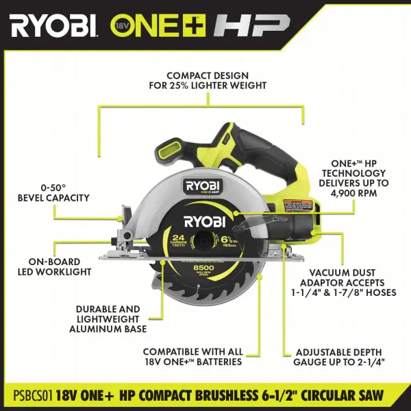 SBCS01B ONE+ HP 18V Brushless Cordless Compact 6-1/2 in. Circular Saw (Tool Only) - Image 9
