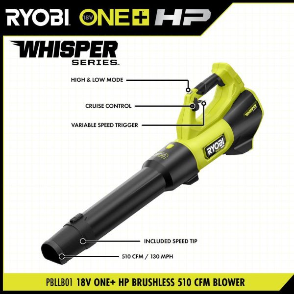 PBLLB01K ONE+ HP 18V Brushless Whisper Series 130 MPH 510 CFM Cordless Battery Leaf Blower with 6.0 Ah Battery and Charger - Image 3