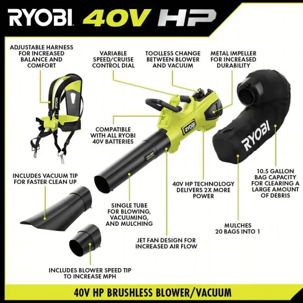 RY404150VNM 40V HP Brushless 100 MPH 600 CFM Cordless Leaf Blower/Mulcher/Vacuum with (2) 4.0 Ah Batteries and Charger - Image 5