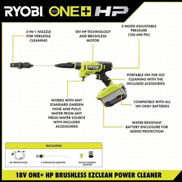 RY121860K ONE+ HP 18-Volt Brushless EZClean 600 PSI 0.7 GPM Cordless Electric Power Cleaner w/ 4.0Ah Battery, Charger, Accessories - Image 2