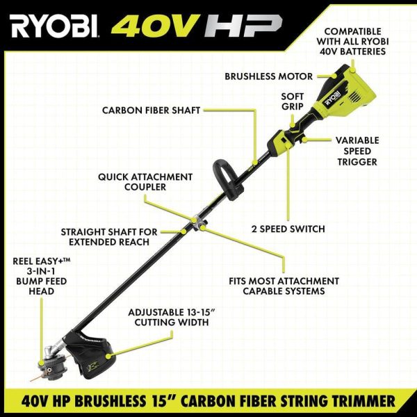 40V HP Brushless 15 in. Carbon Fiber Shafter String Trimmer and Edger Attachment with 4.0 Ah Battery and Charger - Image 3