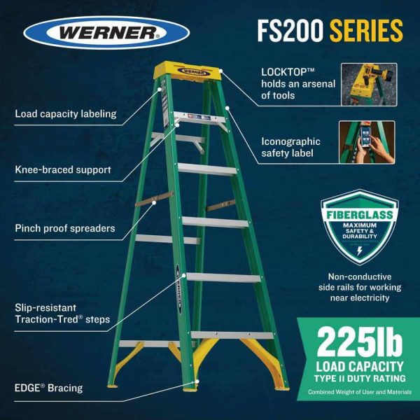 Werner 6 ft. Fiberglass Step Ladder (10 ft. Reach Height) with 225 lb. Load Capacity Type II Duty Rating - Image 2